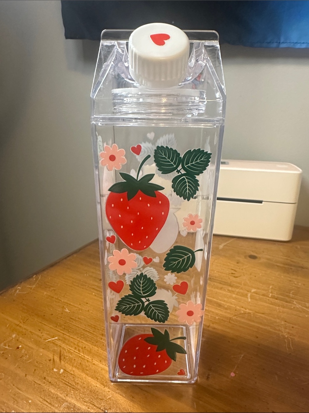 Handmade Clear Acrylic Strawberry Print Water Bottle - Red & Green